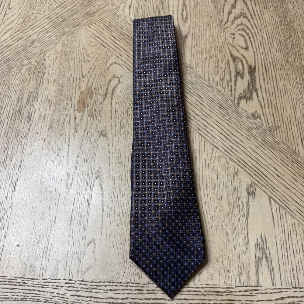 Saddlebred Mens‎ Brown Blue Silk Blend Geometric Pattern Necktie Formal
